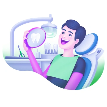 A patient sitting in a dental chair, holding a small dental mirror in their hand. They are looking at their reflection with a big smile, revealing a shiny new dental implant. The setting includes a dental office with bright lighting and tools visible in the background. The patient has short hair and is wearing a dental bib. The small dental mirror is angled so that it prominently displays the patient's smile and the dental implant.