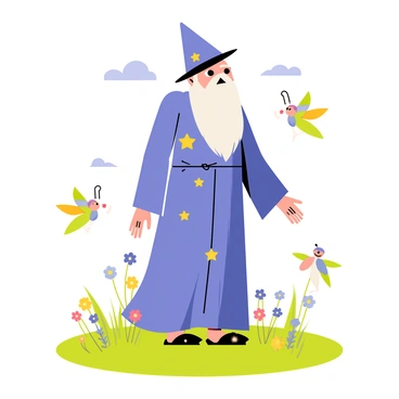Merlin, a wise old wizard with a long white beard and a pointy blue hat, stands in a lush green meadow. He is wearing a flowing purple robe decorated with stars and moons. Surrounding him are several small fairies, each with iridescent wings that shimmer in the sunlight. The fairies are in mid-flight, performing playful twirls and loops in the air. Wildflowers in various colors blanket the meadow, and a few fluffy clouds can be seen in the blue sky above.