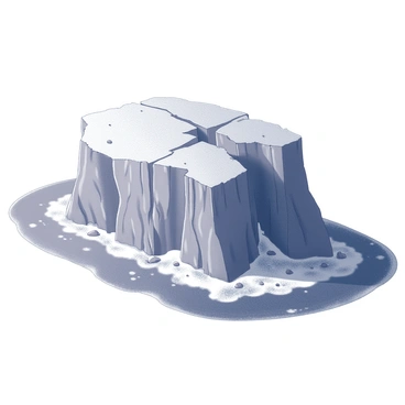 An island positioned in the ocean, featuring a rugged terrain. On one side, there is a dramatic cliff created by a fault line, showcasing steep, jagged rock formations that rise sharply from the water. The cliff's edge appears rough and uneven, with visible fractures and grooves marking the landscape. The ocean waves crash against the base of the cliff, sending splashes of water upwards. The other side of the island is relatively flat, covered with sparse vegetation and small boulders scattered across the surface. The sky above is clear, allowing sunlight to illuminate the island's features.