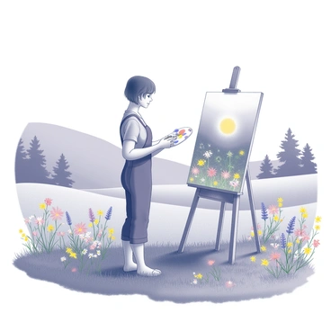 An artist is standing on a grassy area, holding a paintbrush in one hand and a palette in the other. The artist is focused on a canvas set up on an easel, capturing the details of the landscape. Surrounding the artist, there are vibrant wildflowers in full bloom, creating a lively and colorful meadow. The sky above is clear, and the sun casts gentle light across the scene. In the background, there are soft hills that rise and fall, adding depth to the landscape. A few trees dot the meadow, providing shade and contrast to the colors of the flowers.