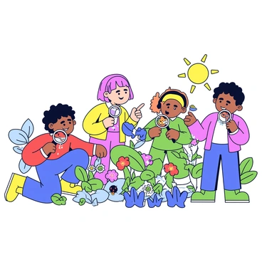 A group of children are exploring a colorful garden filled with various flowers and green plants. Each child holds a magnifying glass, intently searching for insects among the leaves and petals. One child crouches down to examine a butterfly resting on a flower, while another points excitedly at a ladybug on a nearby leaf. The sun shines brightly, casting gentle shadows on the ground as the children share their discoveries.