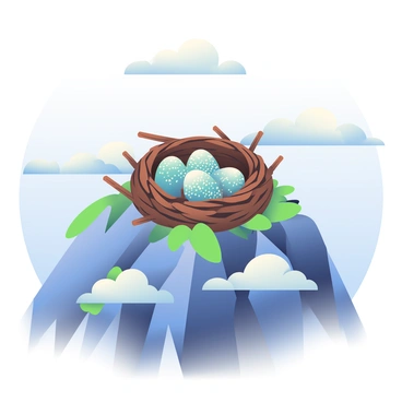 A giant thunderbird nest perched on a mountain peak with eggs inside, surrounded by clouds