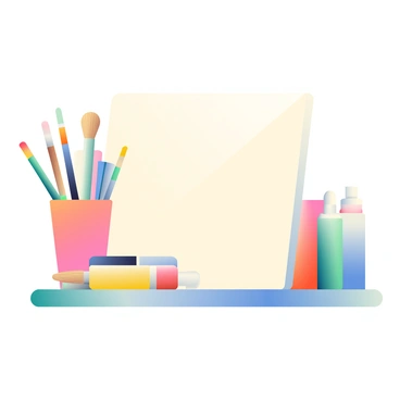 A close-up view of an assortment of art supplies is displayed prominently. Various paintbrushes in different sizes are arranged, with some featuring wooden handles and others sporting vibrant colors. There are several paint tubes in assorted colors, including red, blue, yellow, and green, scattered around the brushes. A 1⁄6 illustration board is positioned in the center, showing a slightly textured surface, ready for creativity. The scene is well-lit, enhancing the colors of the supplies and creating an inviting atmosphere for artistic expression.