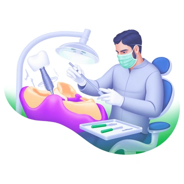 A detailed illustration showing a "dental implant" being placed into a "jawbone". The "jawbone" is depicted in a cross-section, revealing its inner structure. A "dentist" wearing gloves and a mask is focused on the procedure, holding the implant with precision. Surgical tools are arranged neatly on a nearby tray, and a dental chair is visible in the background. The scene is illuminated with bright, clinical lighting to emphasize the precision of the operation.