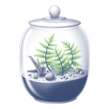 A glass terrarium with a clear, smooth surface. Inside, several mini ferns are growing, their delicate fronds extending outward. The ferns are arranged in a way that creates depth and variation in height. The substrate is a mix of small pebbles and rich, dark soil, providing a natural base for the plants. Small stones and pieces of driftwood are scattered throughout, enhancing the miniature ecosystem's appearance. The terrarium is sealed with a glass lid, and moisture can be seen on the interior, contributing to the humid environment for the ferns. Light reflects softly off the glass surface, highlighting the vibrant greenery of the plants.
