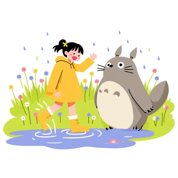 Mei and Totoro sharing a joyful moment while playing in a rain-soaked meadow.