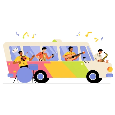 A colorful bus with large windows is filled with musicians playing a variety of instruments. There are a cheerful drummer at the back keeping a steady beat on a bright blue drum set, while a violinist dressed in a vibrant shirt plays a melodic tune to the left. To the right, a guitarist strums energetically, and a saxophonist leans out of the window, adding to the lively atmosphere. Musical notes are illustrated floating around the bus, enhancing the sense of music filling the air. The bus is decorated with cheerful designs and colors, and the musicians appear to be enjoying their performance.