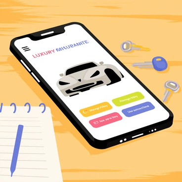 A smartphone displaying a luxury car insurance app with interactive features