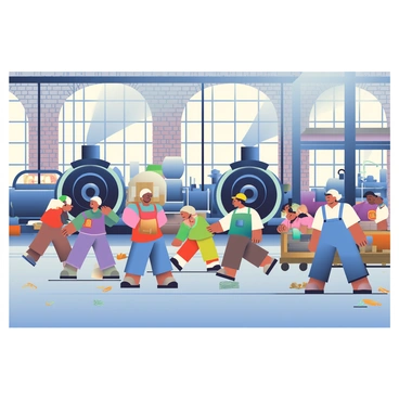 A busy scene in an industrial revolution factory filled with steam engines and workers. The factory interior is expansive, with tall ceilings and brick walls. Large, black steam engines are prominently situated, emitting clouds of steam and smoke. Workers of various ethnicities and genders are actively engaged in different tasks; some are operating machinery, while others are transporting materials using wooden carts. They are wearing period-appropriate clothing, including hats and work aprons. The floor is cluttered with tools and machinery parts, while large windows let in natural light, creating a dynamic atmosphere of industrious activity.