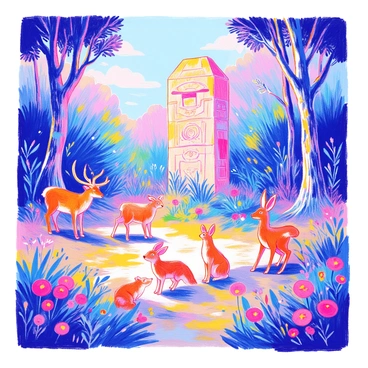 A large stone golem is rising from the ground in a sunlit clearing. The golem has intricate carvings on its surface, and its eyes are glowing faintly. Sunlight filters through the trees, casting dappled shadows on the ground. Surrounding the golem are various forest animals, including a curious deer, a pair of rabbits, and a small fox. The animals are watching the golem with wide eyes, some standing still while others are crouched low, ready to dart away if needed. The foliage in the background is lush and green, with vibrant wildflowers scattered across the clearing.