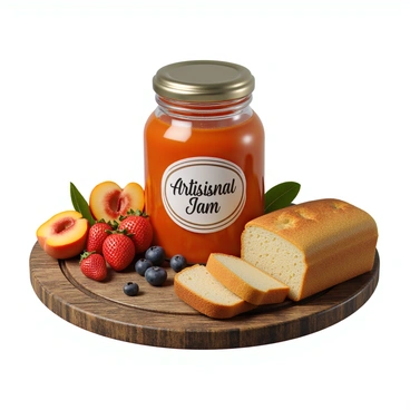 A glass jar filled with a vibrant, artisanal jam sits on a rustic wooden kitchen table. The jar has a round shape and a metal lid, with a label that reads "Artisanal Jam" in elegant script. Next to the jar, there is a loaf of freshly baked bread, with a golden crust and a few slices cut to showcase the soft interior. Surrounding the bread are various fresh fruits, including strawberries, blueberries, and slices of ripe peaches, adding pops of color to the scene. The table has a weathered finish, enhancing the rustic feel of the kitchen setting.