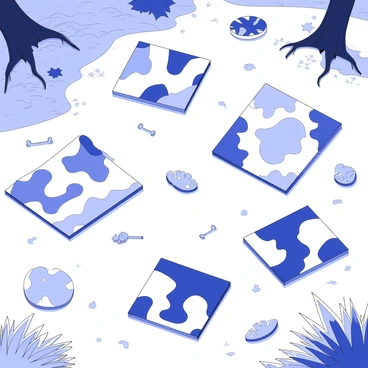 Various camouflage patterns are seamlessly integrated into a natural environment. The ground is covered with leaves, twigs, and patches of grass, providing a textured surface. Different patterns, such as woodland, desert, and urban, are represented on fabric swatches scattered throughout the scene. Each pattern mimics the colors and shapes of the surroundings, with the woodland pattern featuring earth tones blending with the foliage. The desert pattern displays sandy hues interspersed with rocky textures, while the urban pattern incorporates shapes resembling concrete and shadows. Light filters through the trees, casting dappled shadows across the patterns, creating a sense of harmony between the camouflage designs and the natural setting.