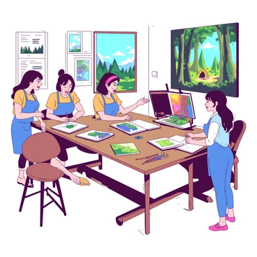 A group of illustrators is gathered around a large wooden table in a well-lit workshop space. Each illustrator is focused on their individual artworks, depicting various "fantasy landscapes." On the table, there are numerous sketchbooks filled with intricate drawings, colorful pencils, and watercolor paints scattered about. One illustrator, wearing a blue apron, is passionately discussing their work, while another, with a pink headband, is carefully painting a "magical forest" scene featuring towering trees and mythical creatures. The walls of the workshop are adorned with vibrant illustrations, inspiring creativity and collaboration among the artists.