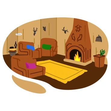 The cozy interior of Beorn's house features intricately carved wooden furniture that showcases detailed animal motifs. A large, glowing fireplace occupies one corner, casting warm light across the room. The walls are adorned with wooden panels and hunting trophies. A thick, woven rug lies on the floor, complementing the rustic aesthetic. Several cushions in earthy tones are scattered on the furniture, inviting relaxation. The atmosphere is filled with a sense of homeliness and comfort.