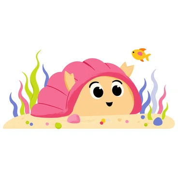 A friendly clam character with a shiny pink shell is smiling and waving hello. The clam has large, expressive eyes and small, cartoonish arms extending outward. Around the clam, there are colorful seaweed plants and playful little fish swimming in the water. The background features a sandy ocean floor sprinkled with colorful pebbles and shells, creating a vibrant underwater scene.