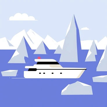 A small cruise boat with a bright white hull is navigating through a field of large, jagged icebergs in a polar region. The icebergs are various shades of blue and white, some towering high above the water while others float low, partially submerged. The sky is a clear blue with a few fluffy white clouds scattered. The water is a deep royal blue, reflecting the colors of the icebergs. In the distance, snow-covered mountains rise, completing the chilly, breathtaking landscape.