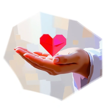 A person with medium skin tone is gently holding a small origami heart in their palm. The origami heart is intricately folded and features a vibrant red color, standing out against the skin of the hand. The fingers are delicately positioned around the heart, showcasing care and tenderness. The background is softly blurred to emphasize the person's hand and the origami heart as the central focus of the image.