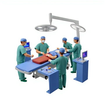 A patient lying on an operating table in a bright surgical room, with sterile blue drapes surrounding them. The patient's chest is open, revealing the heart, which is the focal point of the image. The heart is being tended to by a team of surgeons, dressed in scrubs, masks, and gloves. Medical instruments are visible on a nearby tray, including scalpels and clamps. The surrounding monitors display vital signs, illuminated with colorful graphs and numbers. Bright surgical lights are overhead, casting a clear illumination on the scene.