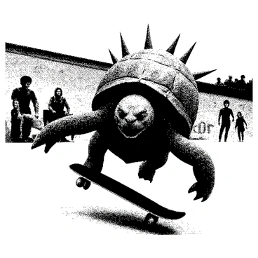 A large turtle-like creature with a spiked shell is performing tricks on a skateboard at a skatepark. The creature has a fierce expression, and its arms are extended for balance. The skatepark features ramps and graffiti-covered walls in the background. Other spectators, including small creatures, are watching in amazement from the sidelines. The asphalt surface of the skatepark is smooth, and the creature is soaring through the air, showcasing impressive athleticism.