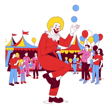 A red clown with a large, bright yellow wig is performing tricks and juggling colorful balls at a lively fair. The clown wears oversized shoes and a polka-dotted outfit, and is smiling widely, showcasing a cheerful demeanor. Around the clown, there are various fairgoers watching in delight, with some children clapping and laughing. Colorful tents and balloons fill the background, creating a festive atmosphere. The clown expertly tosses three blue balls into the air while balancing on one foot, showcasing impressive skill.