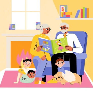 A cozy living room with a warm fireplace glowing brightly. Two grandparents, one with gray hair and glasses, and the other with a white beard, are sitting on a plush armchair. They are reading a colorful storybook with vivid illustrations to their two grandchildren. The first grandchild, a girl with pigtails, is sitting on the floor, looking up with wide eyes. The second grandchild, a boy with short curly hair, is snuggled under a soft blanket next to the grandparents. A fluffy dog is lying at their feet, adding to the warmth of the scene. A bookshelf filled with various books and a few family photos can be seen in the background, completing this heartwarming image.