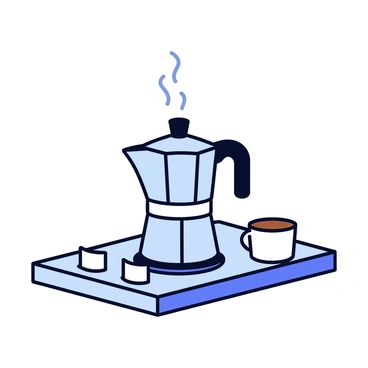 A Moka pot positioned on a stovetop with a shiny metallic surface. The pot has a distinctive octagonal shape and a black handle. Steam rises gently from the spout of the pot, creating a wisp of vapor in the air. The stove has knobs and dials, adding to the kitchen setting. A small coffee cup sits nearby, ready to be filled with the brewed coffee.