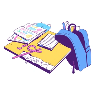 A yellow student's desk is covered with various school supplies. A friendship bracelet in pink is casually wrapped around a wooden pencil that is resting on the surface of the desk. Next to the pencil, there is an opened notebook with colorful doodles on the pages. A blue backpack is leaning against the side of the desk, partially unzipped, revealing a few textbooks and a water bottle inside. The scene conveys a sense of a lively and creative study space.