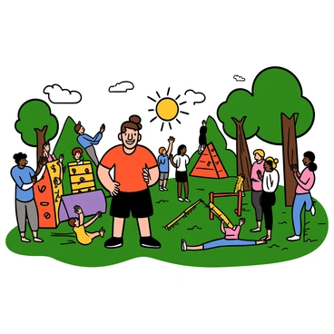 A trainer with light skin and short brown hair is standing confidently in a local park, preparing to organize a community fitness event. He is wearing a bright red athletic shirt and black shorts. Surrounding him are various colorful obstacle courses, including a climbing wall, balance beams, and hurdles. Groups of people of different ages and backgrounds are gathered, some stretching while others are discussing the activities. The sun is shining, and trees provide shade, creating a lively atmosphere filled with anticipation and excitement for the event.