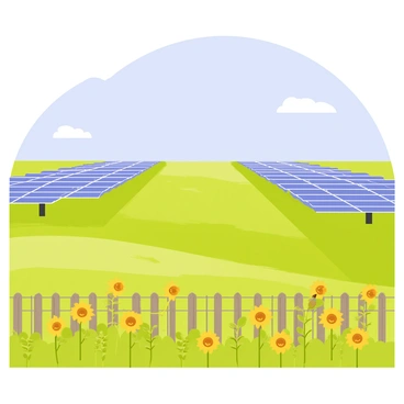 A vast farm with green fields stretching towards the horizon. Rows of shiny blue solar panels are arranged neatly across the landscape, reflecting sunlight. A few fluffy white clouds drift lazily in the bright blue sky above. In the foreground, there are patches of vibrant yellow sunflowers swaying gently in the breeze, adding a pop of color to the scene. A wooden fence borders the farm, completing the picturesque rural setting.