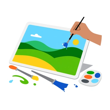 A vibrant landscape scene featuring rolling hills and a bright blue sky. In the foreground, a digital canvas is visible, displaying the landscape in progress. Various digital brushes, like a soft round brush and a textured brush, are shown actively applying colors to the canvas. Paint splatters can be seen around the digital workspace, emphasizing the creative process. The color palette is spread out nearby, filled with vivid greens, blues, and yellows. The artist's hand is positioned above the tablet, guiding the brush with concentration.