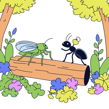 A cicada with a green body and transparent wings is perched on a wooden log, its wings slightly spread as it produces sound. Next to the cicada, an ant with a shiny black exoskeleton stands on its hind legs, holding a tiny leaf as if it were a microphone. The forest stage is created from fallen branches and surrounded by vibrant green ferns and wildflowers. In the background, soft dappled sunlight filters through the leaves of tall trees, creating a warm and inviting atmosphere for the performance.