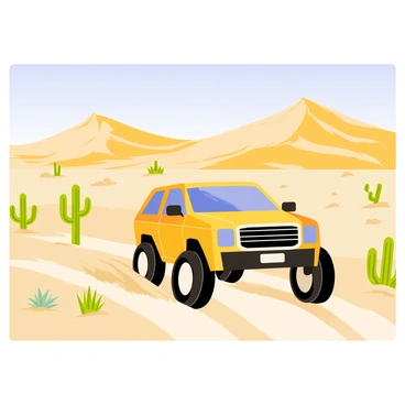 A crossover SUV with a sleek design and shiny paint is driving through a vast desert terrain. The SUV has large, rugged tires kicking up a cloud of fine sand as it moves forward. In the background, towering sand dunes rise against a clear blue sky, their golden surfaces glistening in the sunlight. Cacti and sparse vegetation are scattered throughout the arid landscape, adding a touch of green to the scene. The overall image captures the adventurous spirit of the SUV navigating through the expansive desert wilderness.