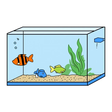 A rectangular fish tank viewed from the side, made of clear glass. Inside the tank, there are three small, colorful fish swimming; one is orange with black stripes, another is blue with a yellow tail, and the last one is a bright green color. The tank is filled with clear water and has a layer of small pebbles at the bottom. There is a bubbling filter on one side, producing small bubbles that rise to the surface. A few green aquatic plants are gently swaying in the water, providing a natural habitat for the fish.