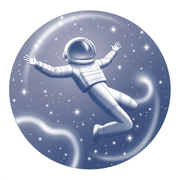 A person is depicted floating in space. They are surrounded by a vast galaxy filled with numerous stars that sparkle brilliantly. The individual appears to be in a relaxed position, arms outstretched, as they drift through the cosmic expanse. The background is filled with swirling patterns of celestial elements, creating a sense of movement around them. The person is wearing a futuristic space suit, which is designed to protect them in the unknown environment of space.