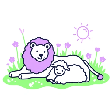 A lion and a lamb are lying side by side in a meadow. The lion has a thick mane and is positioned comfortably, with its head resting gently on the grass. The lamb, smaller in size, is nestled close to the lion, with its woolly texture contrasting against the lion’s fur. They are surrounded by a variety of flowers scattered throughout the meadow, and a gentle breeze moves the grass around them. The sun is shining down, casting soft shadows on the ground, creating a sense of harmony in the scene.