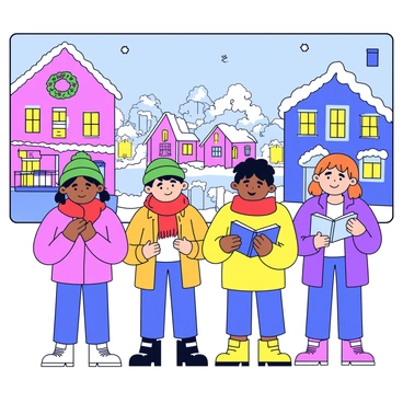 A group of four children is caroling together in a neighborhood. They are dressed in colorful winter clothing, with one child wearing a red scarf, another wearing a green beanie, and the others dressed in bright coats. The children are holding songbooks as they sing joyfully. In the background, houses are decorated with vibrant holiday lights, with some displaying wreaths and others featuring illuminated snowflakes. The street is lined with snow-covered trees, and the ground is blanketed in white snow.