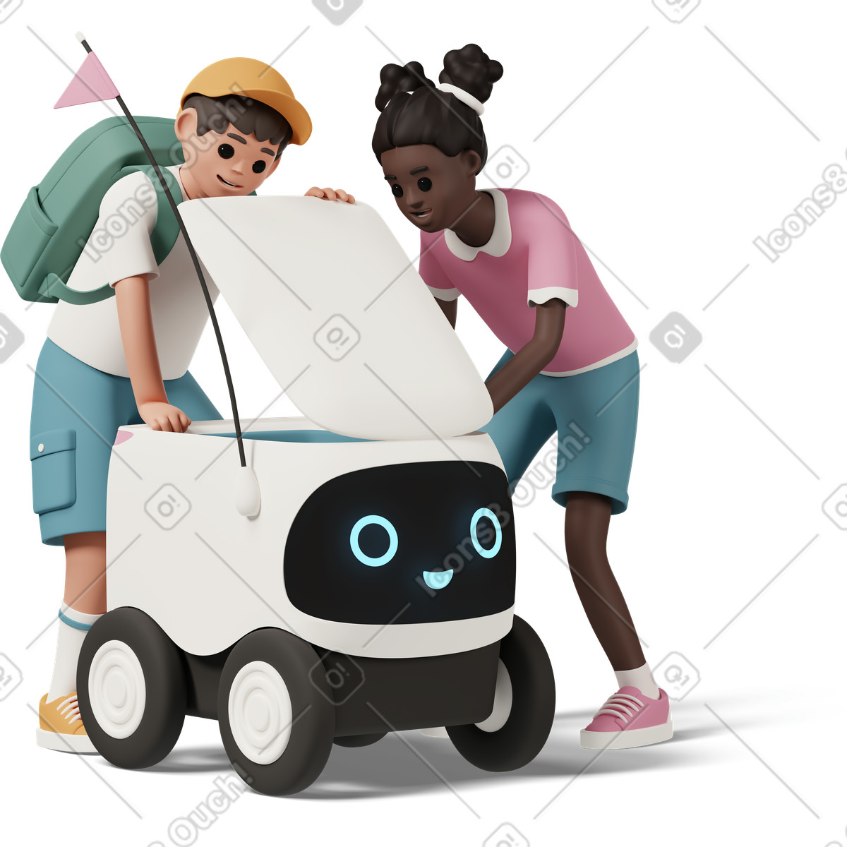 3D Casual life 스타일의 Delivery robot with boy and girl 일러스트레이션 PNG, SVG 다운로드