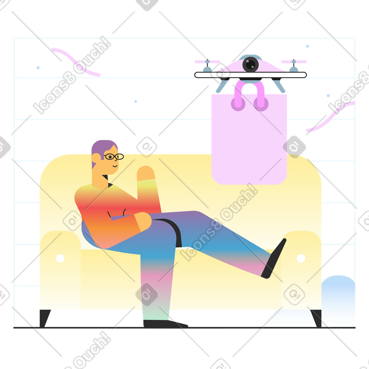 下载 Marginalia 风格的 男子在家接收无人机送货 插画，支持 PNG、SVG 格式