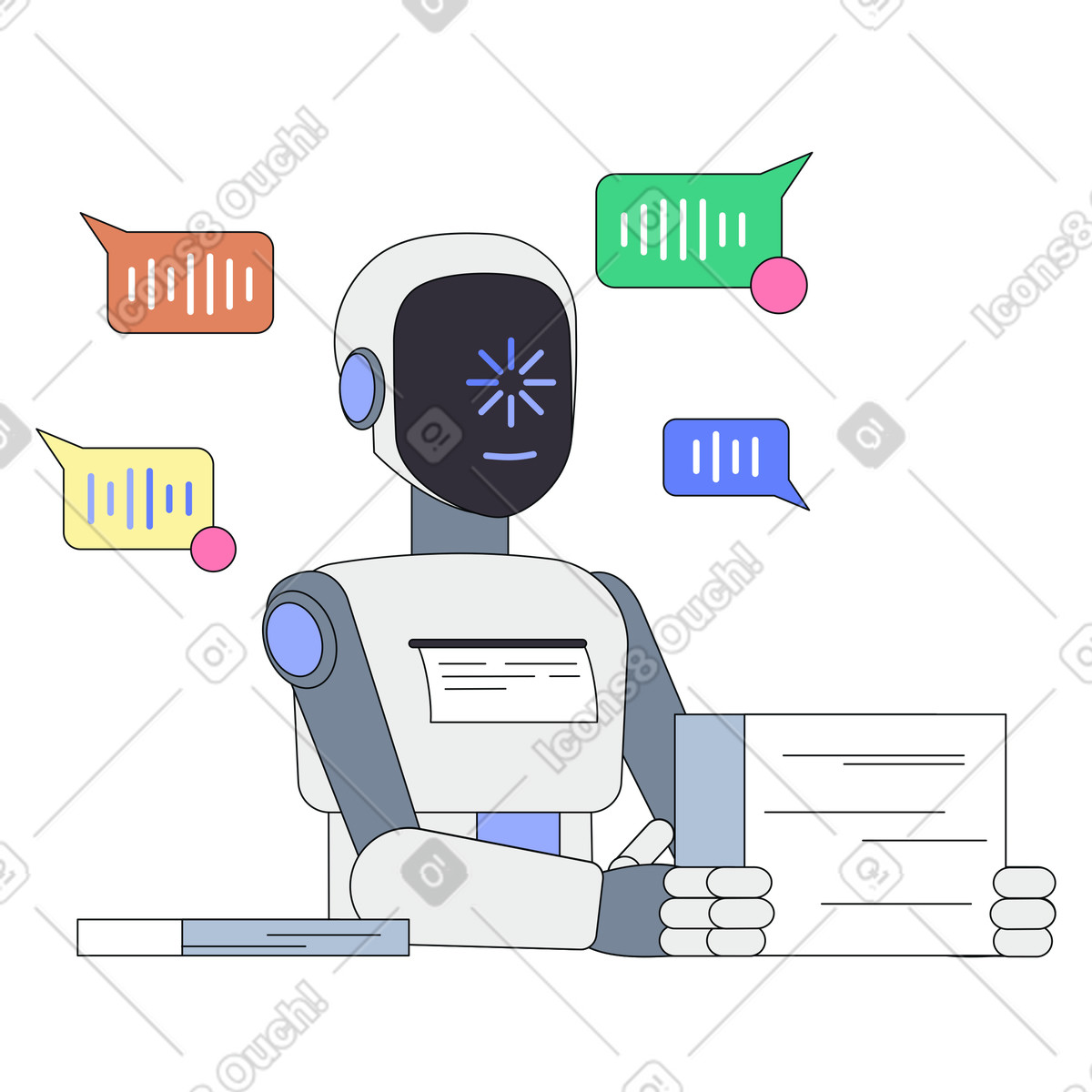 Illustration Un robot ia convertit les messages vocaux en texte dans le style Teko à télécharger aux formats PNG, SVG