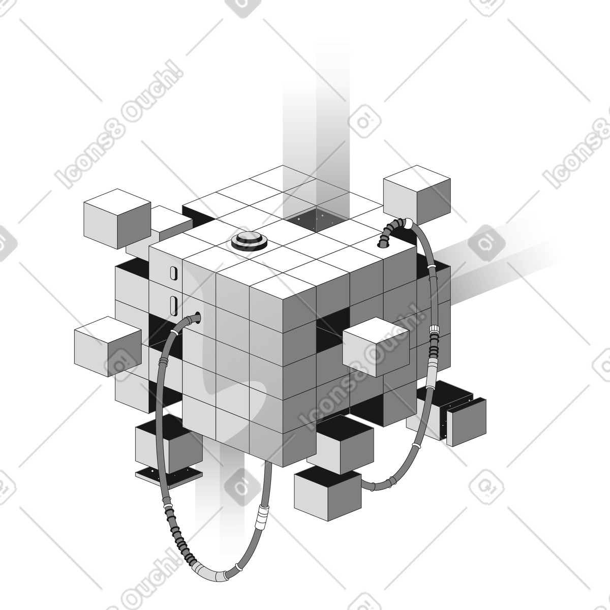 Futuristic modular cube technology with floating blocks and data cables illustration in style download in PNG, SVG