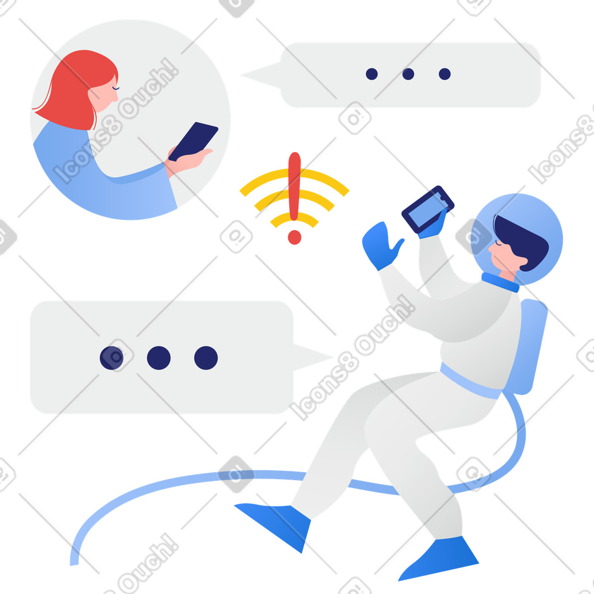 Clip 스타일의 Astronaut and remote worker unable to connect, Online communication problem or no connection 일러스트레이션 PNG, SVG 다운로드