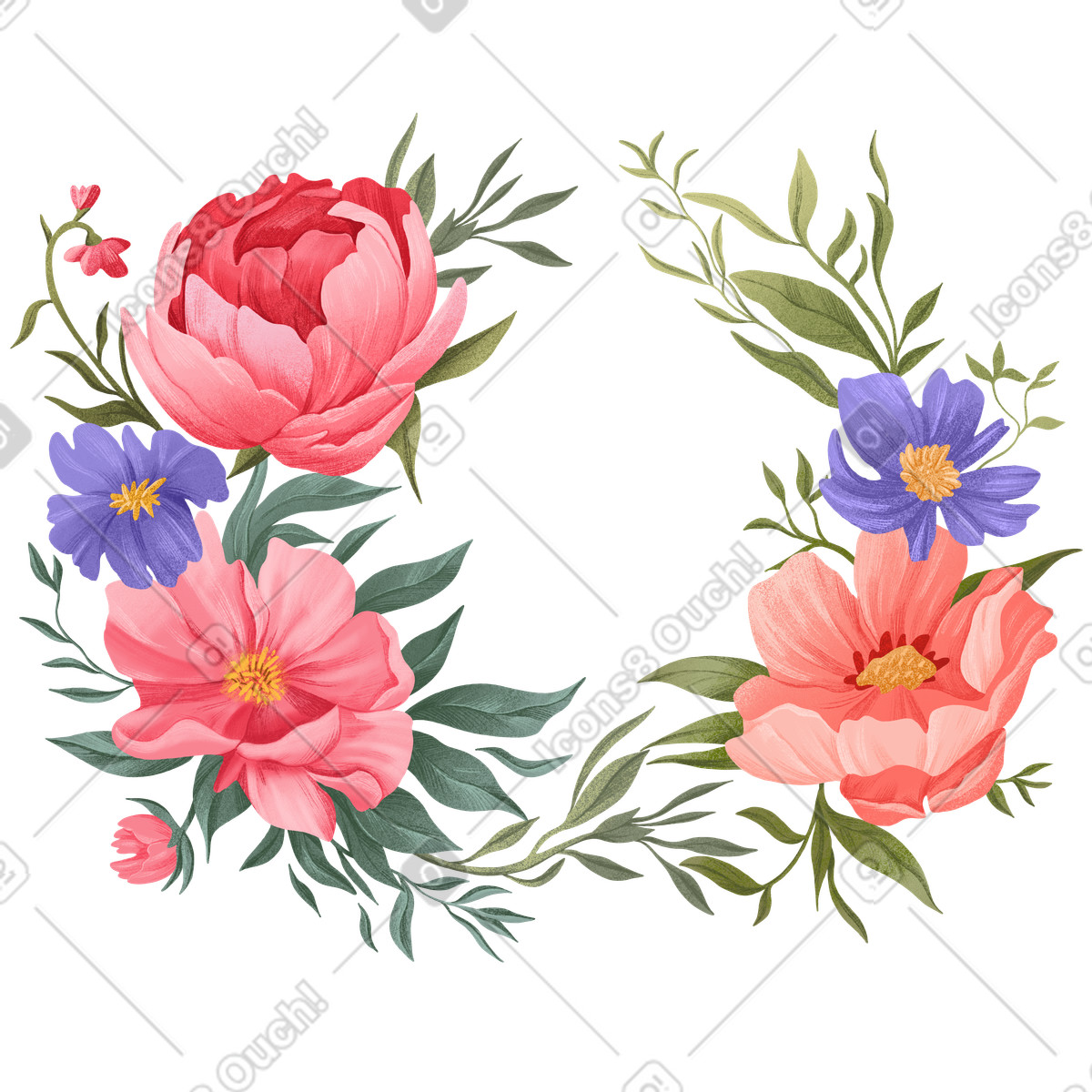 Various flowers arranged in a wreath illustrazione stile Floral scarica PNG, SVG