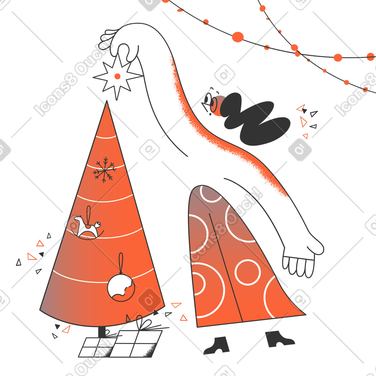 Decorating Christmas tree with star, Festive season preparation-Illustration im Crayon-Stil als Download in PNG, SVG