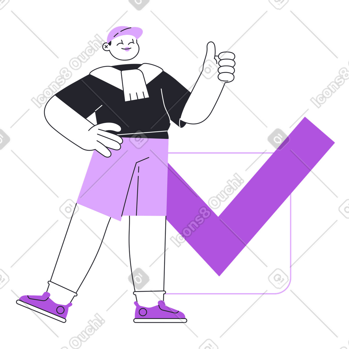 Grapy スタイルの Thumbs up gesture near check mark, Validation or successful completion のイラストをPNG、SVG形式でダウンロード