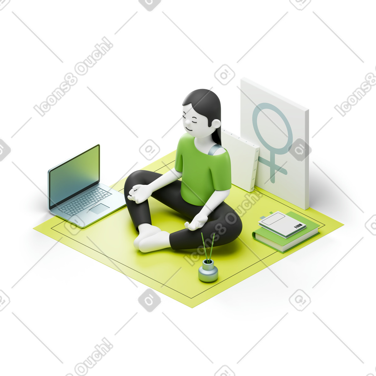 Woman meditating in lotus pose at home animated illustration 3D Isometric style download GIF, Lottie (JSON), AE
