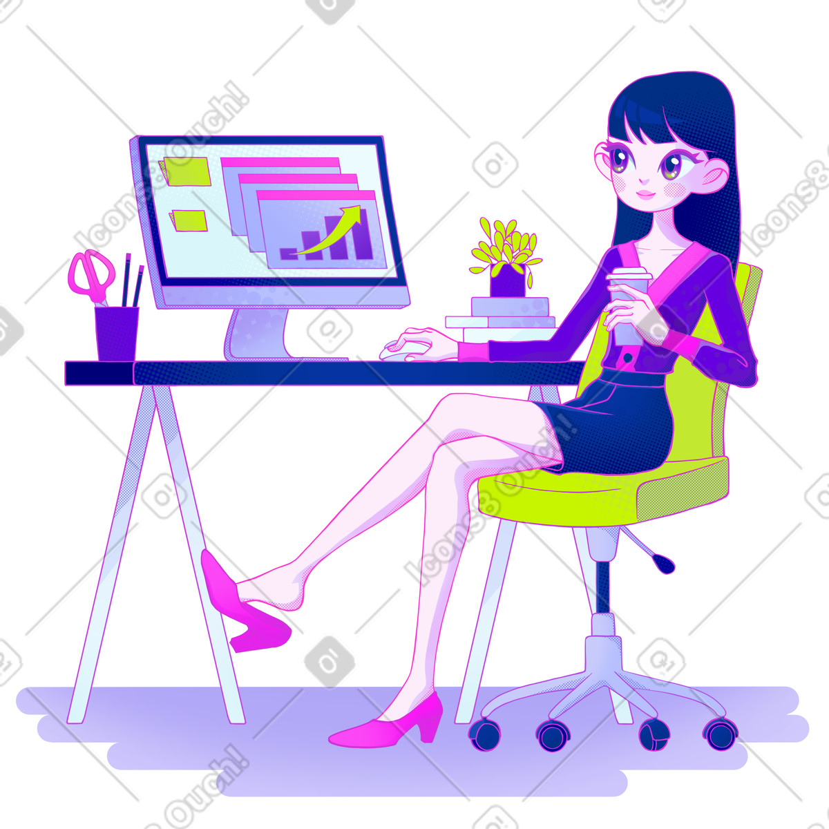 Frau arbeitet an einem computer im büro-Illustration Experimental-Stil als Download in PNG, SVG