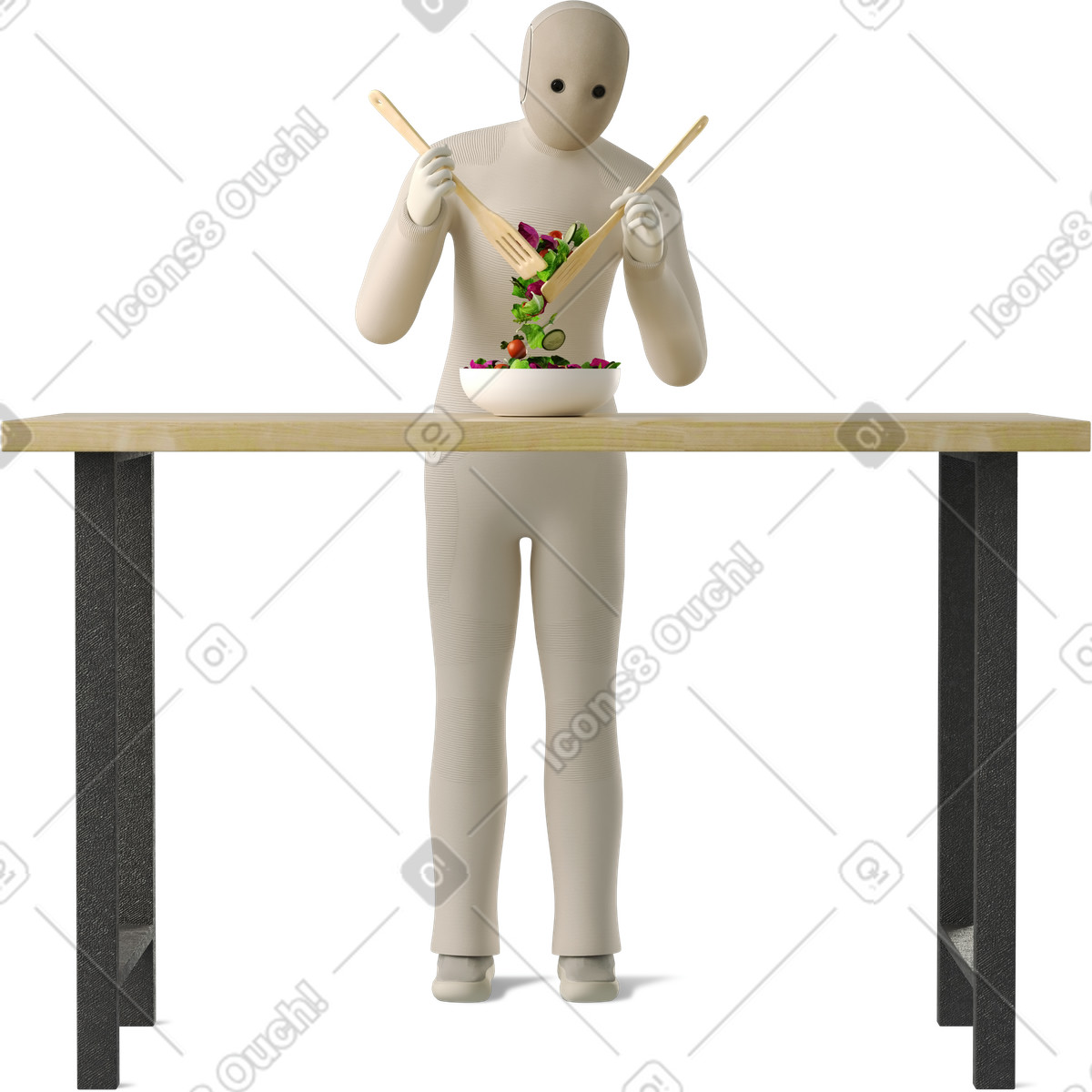 下载 3D Business 风格的 Robot chef tossing vegetable salad with wooden tongs at table 插画，支持 PNG、SVG 格式
