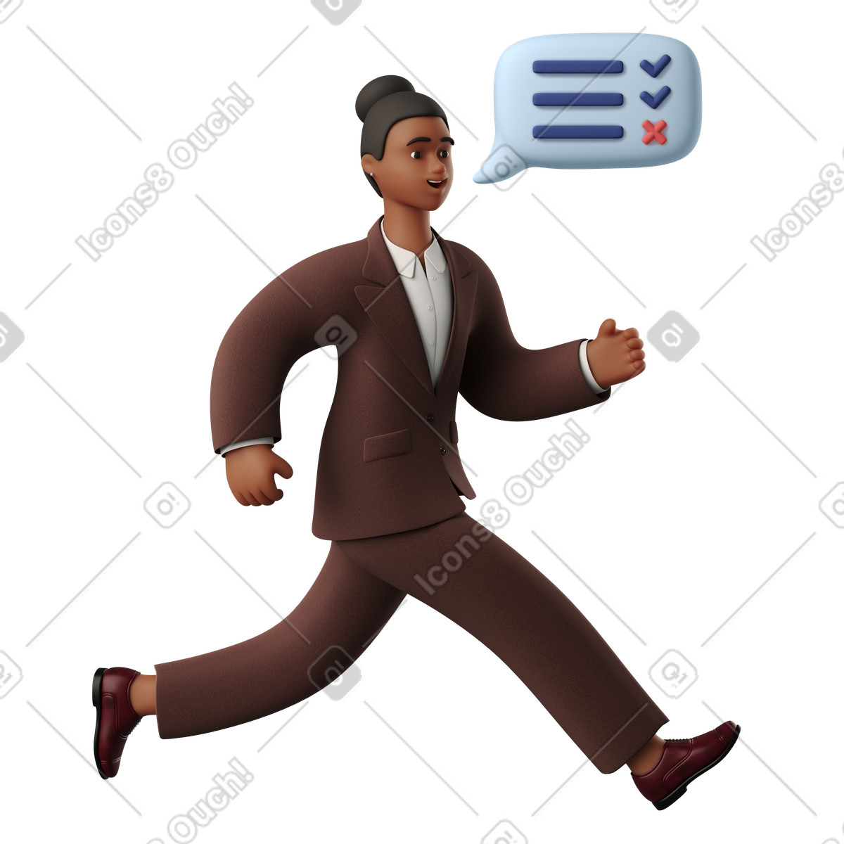 Geschäftsfrau, die mit einer aufgabenliste im hinterkopf läuft-Illustration 3D Business-Stil als Download in PNG, SVG