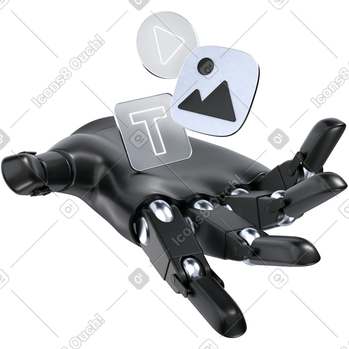 Robotic Hand with Media Icons, AI Content Generation, Digital Asset Automation illustration in 3D Pro style download in PNG, SVG