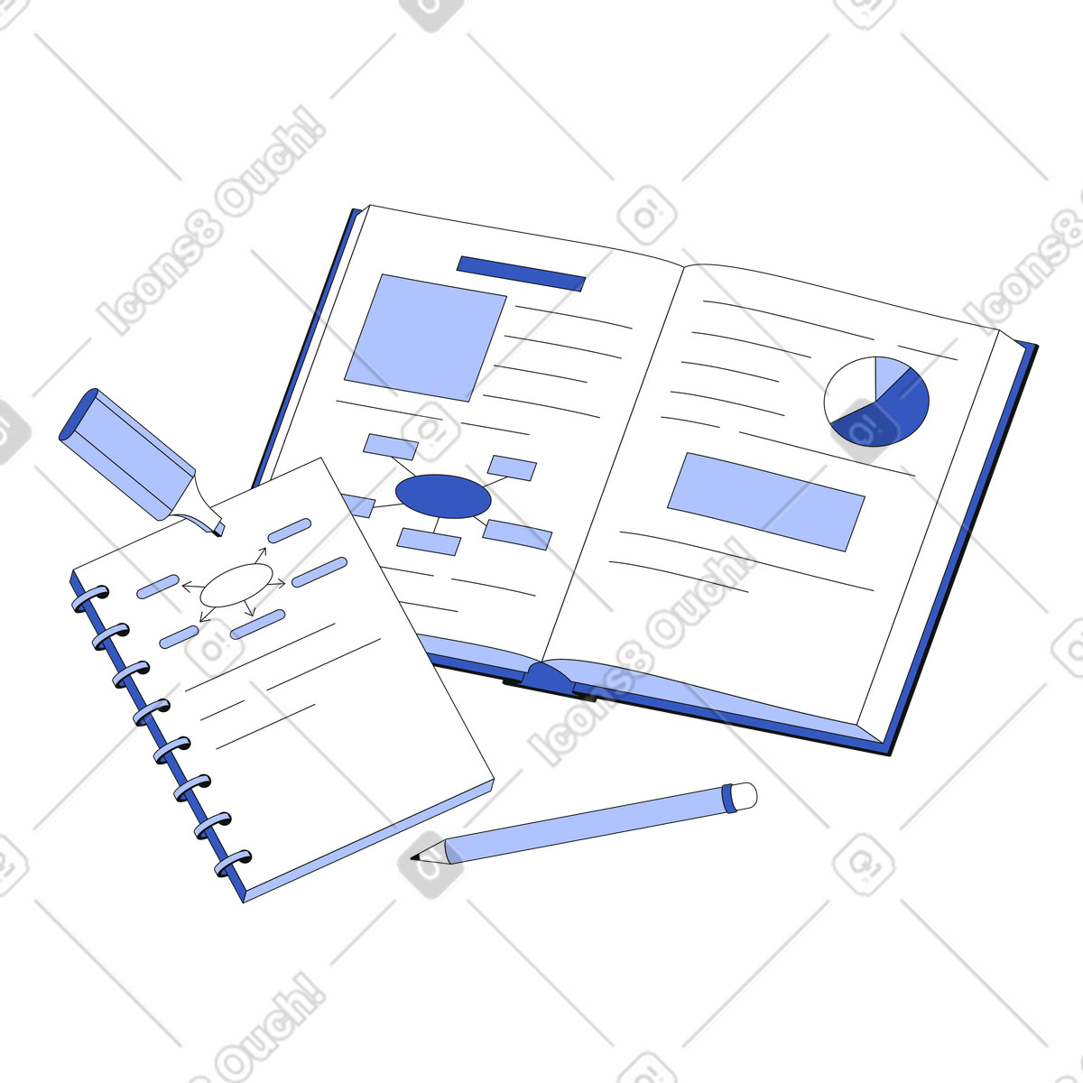 Textbook, notepad, and pencil illustration college clipart educational graphics vector images